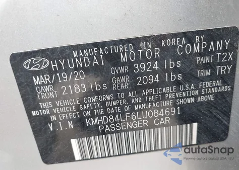 2020 Hyundai Elantra Value Edition z USA, uszkodzony, nr VIN KMHD84LF6LU084691